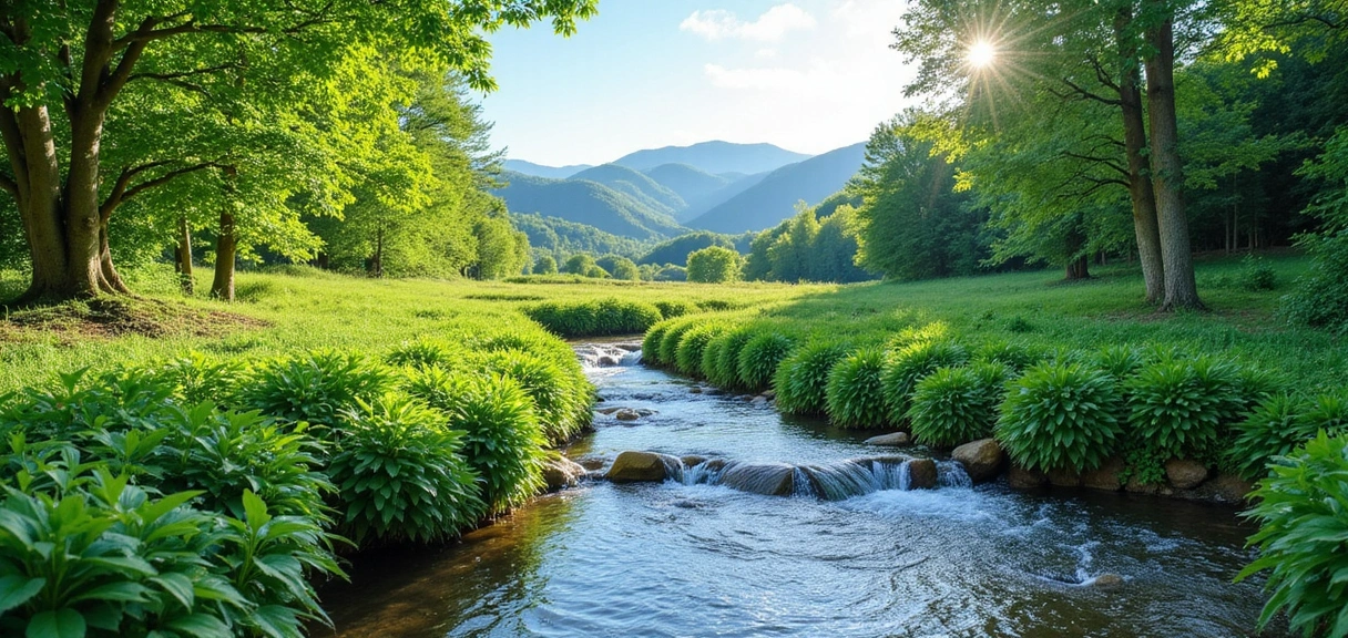 A serene landscape with lush greenery and a clear stream, symbolizing natural health and purity.